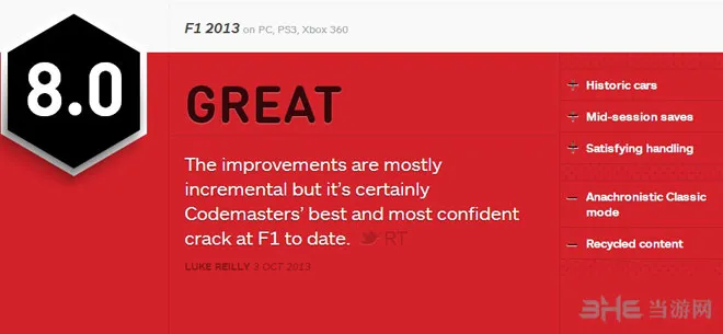 F1 2013获IGN8.0好评 操作手感非同